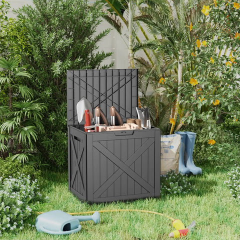 36 Gallon Outdoor Deck Box Waterproof Lockable Resin Storage Chest for patio cushions and garden tools, open lid view.