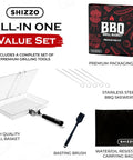 Image of Grill Basket Set For Barbecue Lovers showing stainless steel grill basket, skewers, basting brush, carrying bag, with packaging.