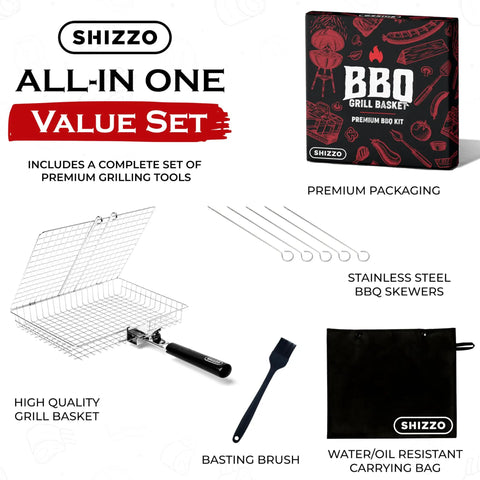 Image of Grill Basket Set For Barbecue Lovers showing stainless steel grill basket, skewers, basting brush, carrying bag, with packaging.