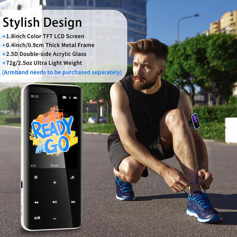 96GB MP3 Player With Bluetooth Five Point Two On The Go Portable Music Player next to a man tying shoelaces outdoors
