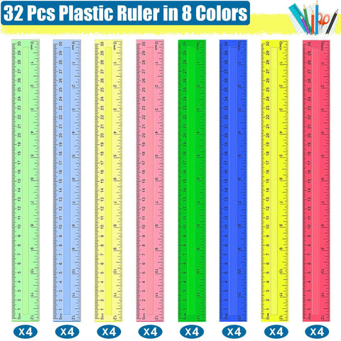 32 Pack 12 Inch Plastic Rulers Set With Transparent Colorful Dual Sided Measuring Tool Featuring Inches Centimeters And Millimeters