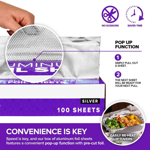 Heavy Duty Aluminum Foil Sheets For Deli Use 100 Count Pop Up 9 By 10 Inch Wrapping Sheets with pop-up feature highlighted