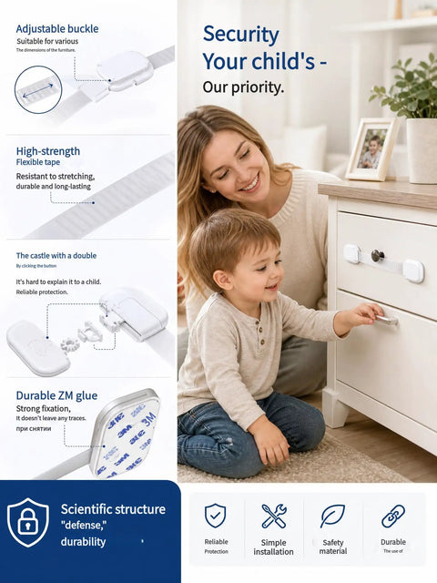 No Drill Cabinet Locks With 3M Adhesive For Childproofing Fridge, Toilet, Microwave And Washer, Anti Pinch Latches, Easy Reposition, Pink Pack Of 10 Today shown on a white dresser with a mother and child in a room.