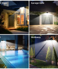 daphino 3-head solar outdoor light with motion sensor mounted above the front door
daphino 3-head solar outdoor light over garage door with wide-angle illumination
daphino 3-head solar outdoor light on pool wall illuminating pool area
daphino 3-head solar outdoor light on walkway wall casting broad beam along path
