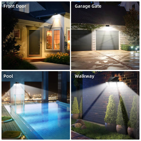daphino 3-head solar outdoor light with motion sensor mounted above the front door
daphino 3-head solar outdoor light over garage door with wide-angle illumination
daphino 3-head solar outdoor light on pool wall illuminating pool area
daphino 3-head solar outdoor light on walkway wall casting broad beam along path