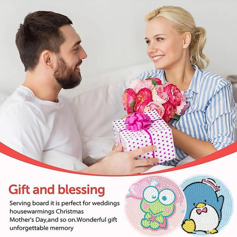 Couple exchanging gifts with Diamond Art Coasters Set With Holder For Adults And Kids, includes fun cartoon coaster designs.