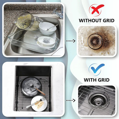 Comparison of a stainless steel sink with and without Stainless Steel Sink Grids Set of 2, 13 x 11-5/8 Inches, Protective Kitchen Rack.