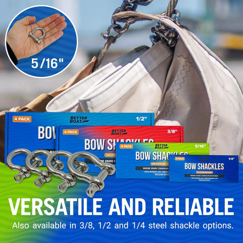 Built Different 316 Marine Grade Stainless Steel D Ring Shackles Heavy Duty Anchor Rigging Hardware For Sailboats And Boats 5 16 Inch Mini Bow Shackle Set, shown in 4-pack with sizing options.