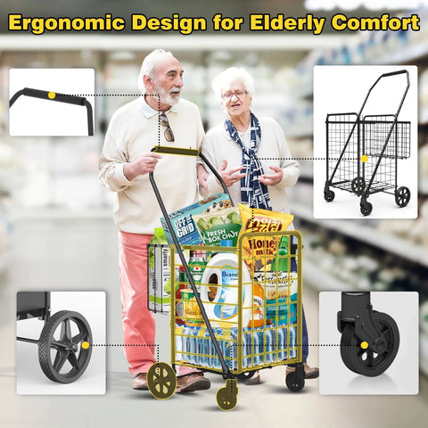 Heavy Duty Folding Shopping Cart With Double Basket And 380 Pound Capacity, includes seniors shopping in grocery aisle