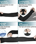 Level 5 Cut Resistant Sleeves 2 Pack With Thumb Holes, 18 Inch Arm Guards showing features like stretch, breathability, and tear resistance.