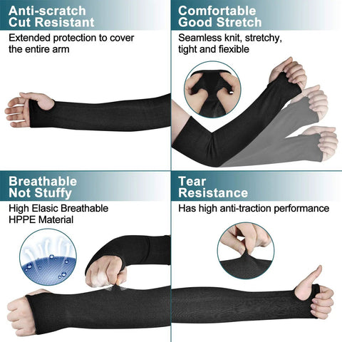 Level 5 Cut Resistant Sleeves 2 Pack With Thumb Holes, 18 Inch Arm Guards showing features like stretch, breathability, and tear resistance.