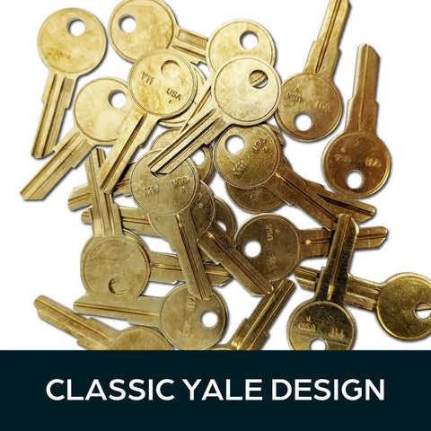 Y11 Brass Key Blanks Uncut Pack Of 50 for home and professional use shown scattered with smooth edges.