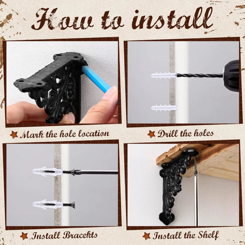 How to install Straight Up Heavy Duty Cast Iron Shelf Brackets Sweet Antique Black Metal Braces with drilling and mounting steps.