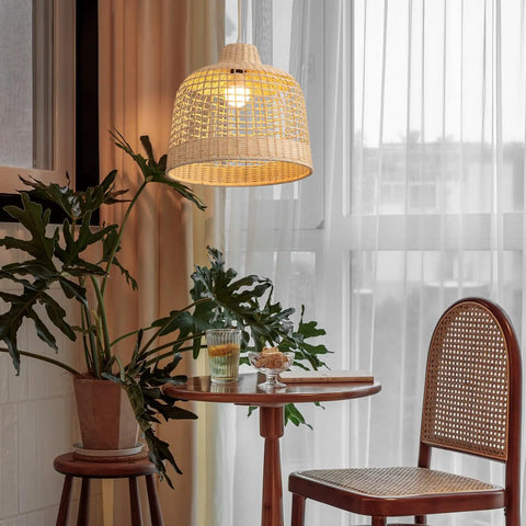 Rattan Pendant Light Hand Woven Basket Shade Ceiling Lamp for Kitchen Island, natural bamboo above dining table and chair.