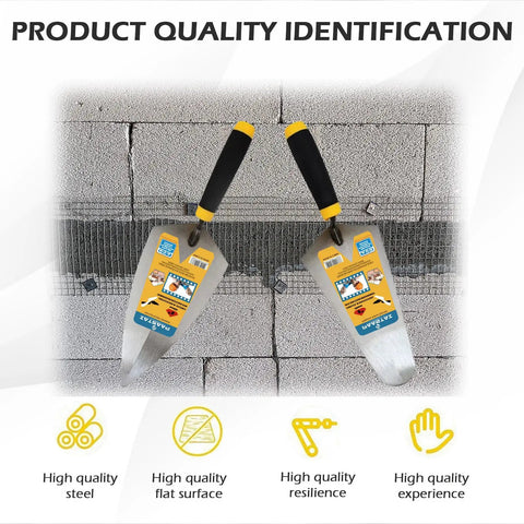 Two Piece Masonry Trowel Set With Soft Non Slip Handles Includes 6 Inch Round And 6 Inch Pointed Trowels For Concrete Cement Plaster And Tile Work Carbon Steel Construction For Smooth Finishes And Durable Performance displayed on concrete background with quality features highlighted.