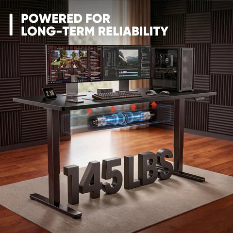 55 By 24 Inch Electric Height Adjustable Standing Desk For Home Office With Memory Preset And T Shaped Metal Bracket Big Sit Stand Computer Desk Black showing setup with monitors, keyboard, and 145 lbs weight capacity.