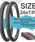 Beefy 26 Inch Mountain Bike Tire Kit Two Pack 26X1.95 Folding Puncture Resistant Tires with off-road tread and specifications