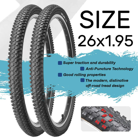 Beefy 26 Inch Mountain Bike Tire Kit Two Pack 26X1.95 Folding Puncture Resistant Tires with off-road tread and specifications