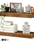 Rustic Farmhouse Bathroom Floating Shelves Over Toilet Set Of 2, 15.7 Inch Wide, holding towels, decor, and jars.