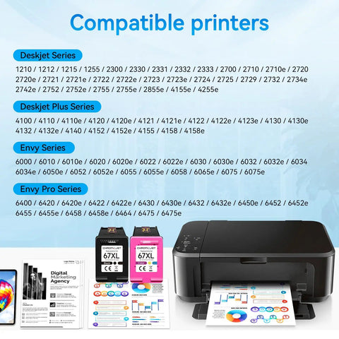 67XL Black Color Ink Cartridges Combo Pack Compatible With HP 67 Ink For DeskJet And Envy Series Printers with printer and documents