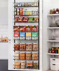 Eight Tier Pantry Door Organizer In Black Super Sturdy Over The Door Storage Bins with food items on each tier.
