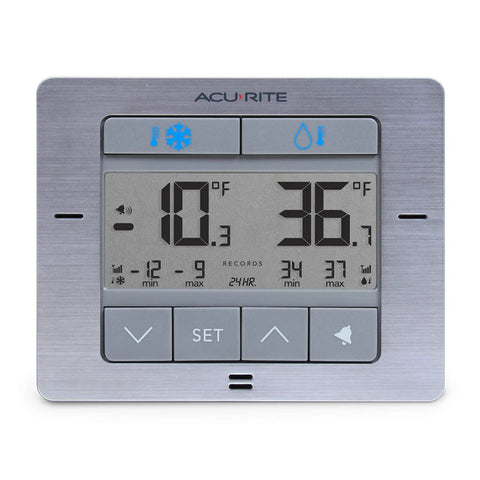 Digital Wireless Fridge And Freezer Thermometer With Alarm Dual Readouts For Home And Restaurants Max And Min Temperature Recall Easy To Read LCD Display Magnetic Backing Wall Mount Or Countertop Use, silver display
