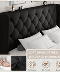 Queen Size Platform Bed Frame With Button Tufted Wingback Headboard, Black Upholstered Bedroom Staple close-up of headboard.