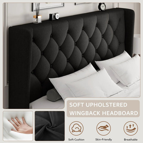 Queen Size Platform Bed Frame With Button Tufted Wingback Headboard, Black Upholstered Bedroom Staple close-up of headboard.