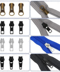 Metal Zipper Repair Kit Size 5 Replacement Zipper Pulls And Lockable Sliders With Top And Bottom Stops, four styles displayed