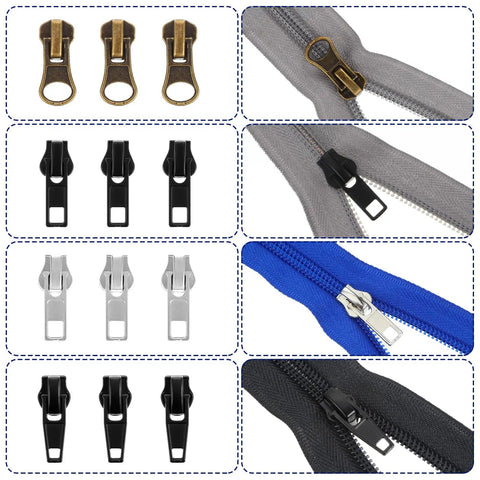 Metal Zipper Repair Kit Size 5 Replacement Zipper Pulls And Lockable Sliders With Top And Bottom Stops, four styles displayed