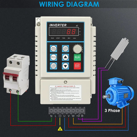 Wiring diagram for 220V 0.75KW 1HP VFD Inverter Single Phase To Three Phase Frequency Converter, showing connections to motor and circuit breaker.