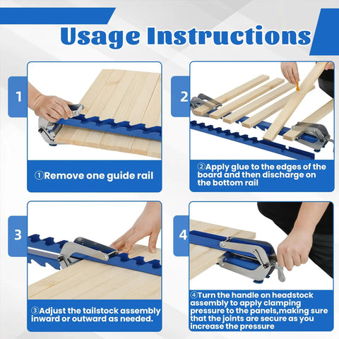 Usage instructions for 36 Inch Heavy Duty Panel Clamps 2 Pack Hella Stable Four Way Steel Pressure Jigs for woodworking.