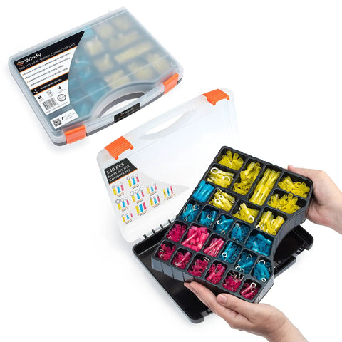 Hands holding Heat Shrink Wire Connector Kit For Marine And Automotive Wiring Includes Insulated Ring Spade Fork Hook And Butt Terminals Crimp Connectors 22 To 10 Gauge 540 Pieces Weatherproof Heavy Duty Set with open case displaying assorted connectors