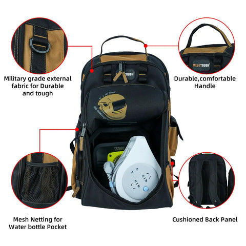 Heavy Duty Welding Backpack With Removable Helmet Bag And Mega Capacity Built Tough With Military Grade Fabric and Organizer