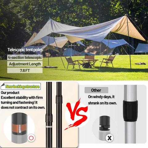 Adjustable Heavy Duty Tarp Poles 7.6 Ft Aluminum Tent Poles With Protection Caps in outdoor setup, showing stability feature