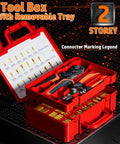 Pro Grade Open Barrel Crimping Tool Kit For Car Audio And Auto Wiring With Ratcheting Wire Crimper displayed in red tool box with removable tray.