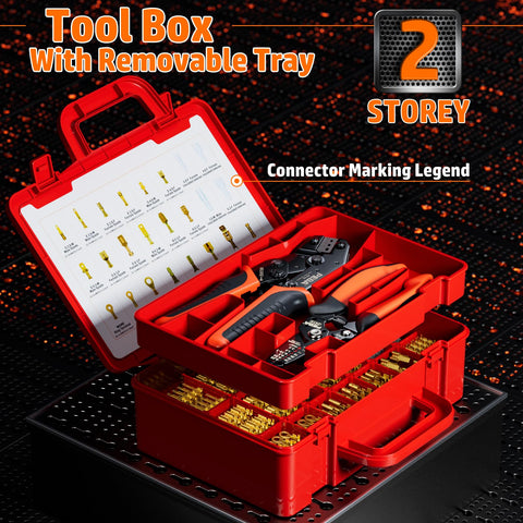 Pro Grade Open Barrel Crimping Tool Kit For Car Audio And Auto Wiring With Ratcheting Wire Crimper displayed in red tool box with removable tray.