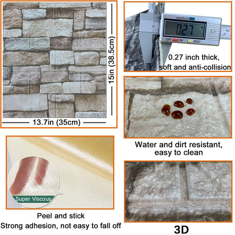 No Mess Peel And Stick 3D Faux Brick Wall Panels Set Of 20 Self Adhesive Foam Tiles showing size, thickness, and water resistance.