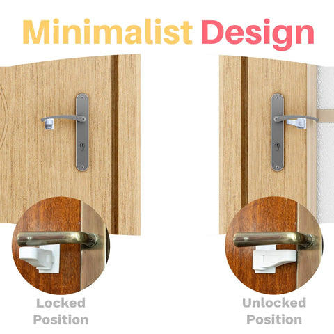 Child Proof Door Lever Lock Pack With 3M Adhesive Universal Fit No Drill Minimalist Design Easy Install For Kid Safe Homes And Pet Friendly Three Pack Durable Safe And Reliable Door Locking Solution shown in locked and unlocked positions on wooden doors with minimalist design.