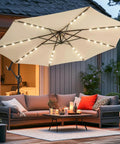 10ft Solar LED Offset Patio Umbrella With Cantilever Design Beige Shade 32 LED Lights over outdoor seating area