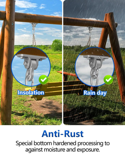 Beefy Heavy Duty Swing Hangers With Corrosion Resistant Alloy Steel 5000+ Lb Capacity Set Of 2 under sun and rain on wooden frame