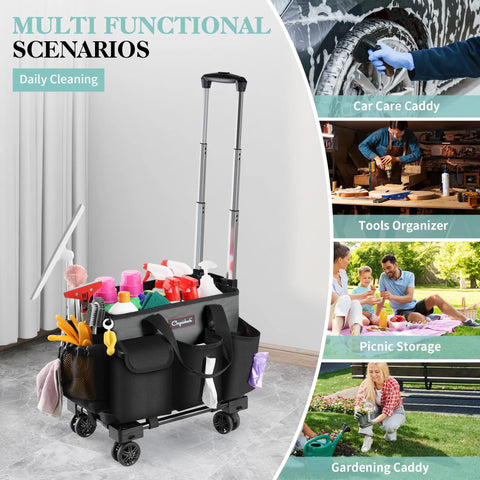 Rolling Cleaning Caddy On Wheels With Hard Bottom And Wearable Tote Handles Four Carry Options Including Handles Straps And Belt