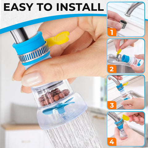 360 Rotating Faucet Filter Extenders Set For Sink Direct Water Flow And Splash Reduction, Easy To Install, showing installation steps.