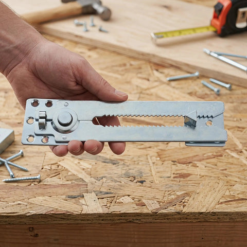 Heavy Duty Sectional Sofa Connectors 4 Pack Interlocking Alligator Style Couch Couplers held in hand on a wooden surface.