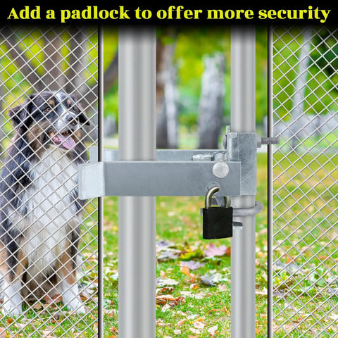 Heavy Duty Chain Link Gate Latch For 1-5/8 To 2 Inch Gate Frames; galvanized steel latch installed on metal chain link fence with padlock hole