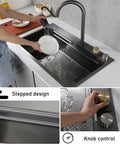 65x50 cm Kitchen Sink Multi-Function Faucet with Retractable Sprayers Includes Basket Strainer Siphon and Drainage Set for Efficient Water Flow with water running and plate being cleaned.