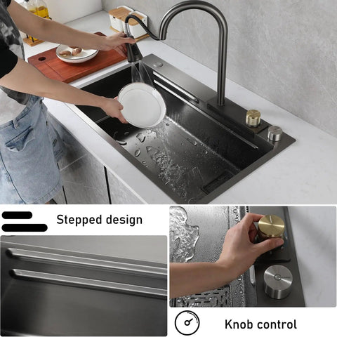 65x50 cm Kitchen Sink Multi-Function Faucet with Retractable Sprayers Includes Basket Strainer Siphon and Drainage Set for Efficient Water Flow with water running and plate being cleaned.