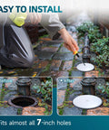 Person installing a 7 Inch Round Cleanout Cover Plate With Large Center Screw over plumbing hole on brick path.