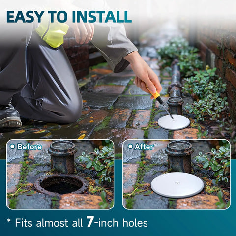 Person installing a 7 Inch Round Cleanout Cover Plate With Large Center Screw over plumbing hole on brick path.