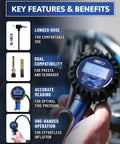 Digital Bike Tire Inflator With Pressure Gauge For Presta And Schrader Valves features and benefits with close-up gauge view